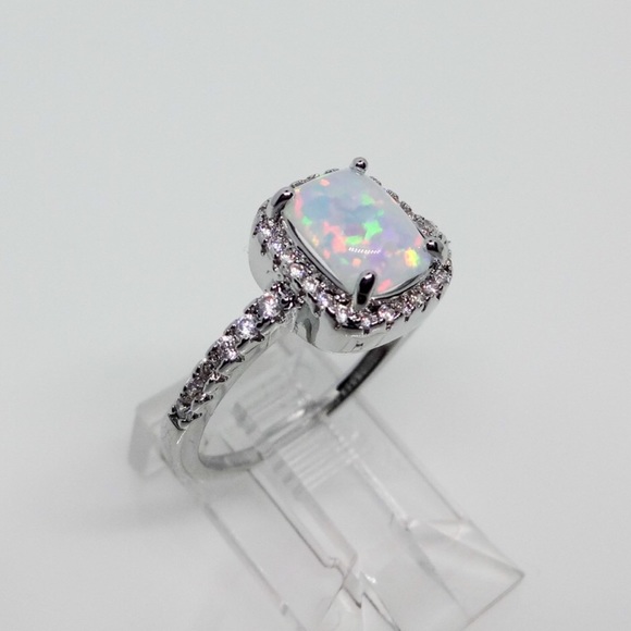 925 Sterling Silver Halo Fire Opal Ring - Picture 3 of 3
